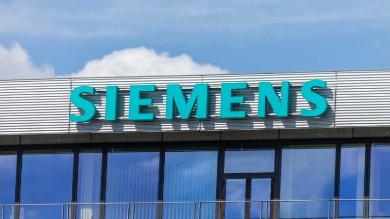 Siemens logo displayed on the exterior of an office building